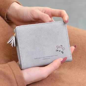 

2020 New Style Short Wallet Cute Cat Hardware Flower Leather Wallet Tassels Student Multi-Function Wallet