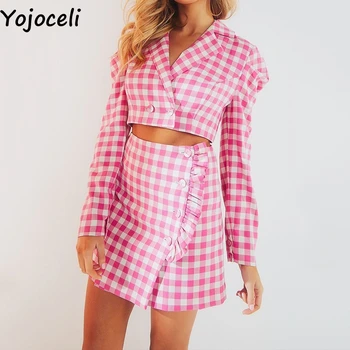 

Yojoceli Elegant short plaid skirt suit female Cool elegant jacket skirt suits Autumn party casual ruffle suit women skirt