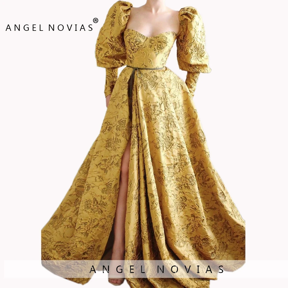 

Long Sleeves Gold Lace Arabic Evening Dress 2019 kaftan Dubai Formal Evening Gowns with Slit