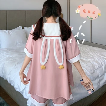 

Japanese Kawaii Pajamas Home Two Piece Set Sweet Rabbit Ears Short Sleeve Peter Pan Collar Tops Elastic Waist Short Tracksuit