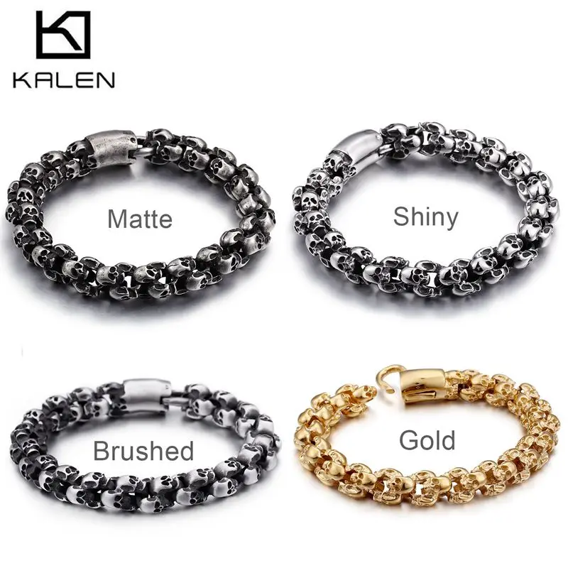 Online Calen Punk 22,5 cm pulseras largas de calavera para hombres acero inoxidable brillante calavera encanto enlace cadena Brecelets masculino gótico joyería 2019