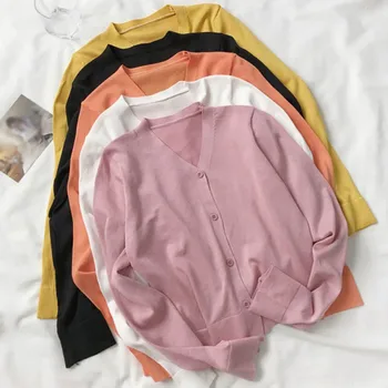 

Autumn New Simple Solid Color Cardigan Tops Women V-Neck Long Sleeve Coat Thin Knit Sunscreen Air Conditioning Shirt Coat Top.w