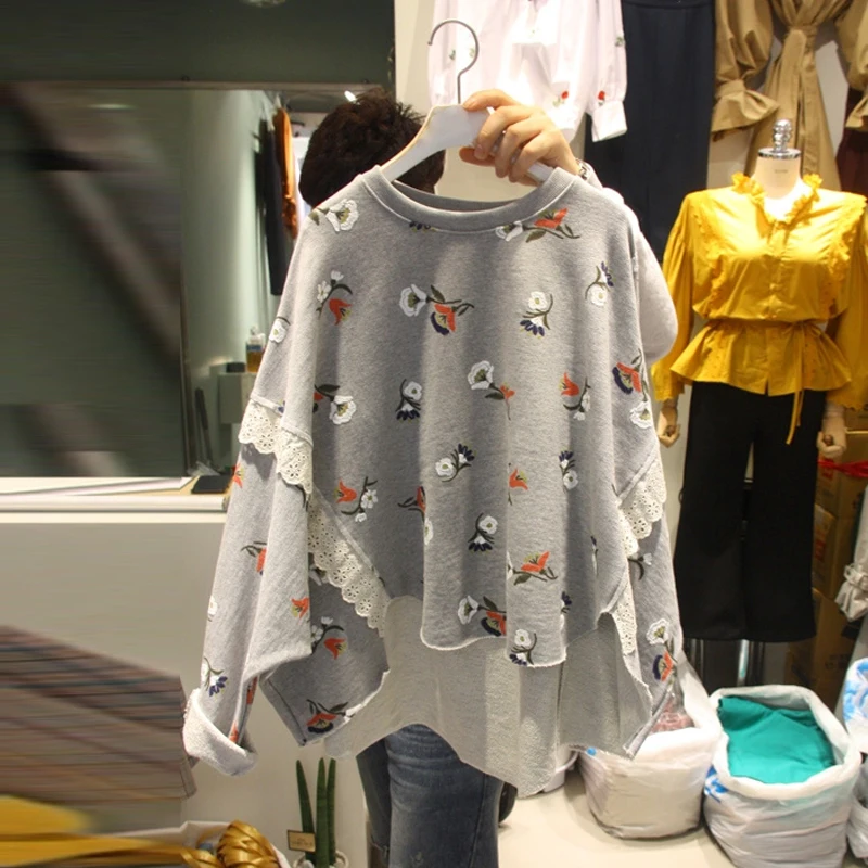 Толстовка с капюшоном в Корейском стиле для девочек, негабаритный свитер новая кружевная рубашка с круглым воротником и рукавами «летучая мышь», с принтом, Женская куртка