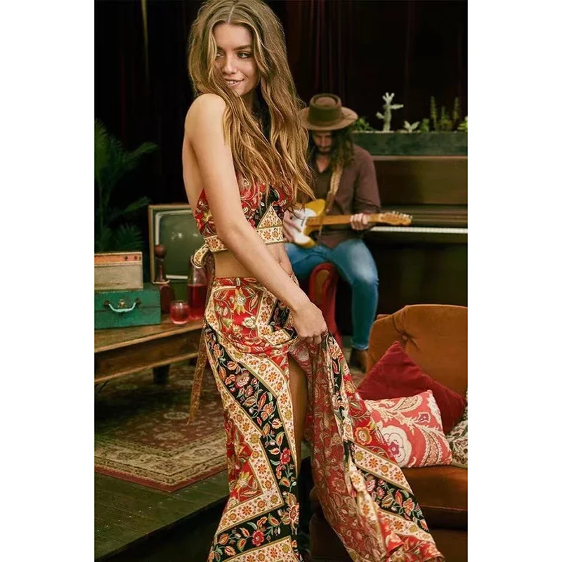 Sukibandra, летняя, с цветочным принтом, Boho Chic, Холтер, топик, богемный стиль, укороченный Топ для женщин, сексуальный, с открытой спиной, пляжный, Повседневный, на шнуровке, топик