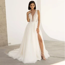 Retro Deep V-Neck Cap Sleeve Ladies of Wedding Dresses 2022 Side Slit Bridal Gowns Sleeveless with Puffy Tulle свадебное платье