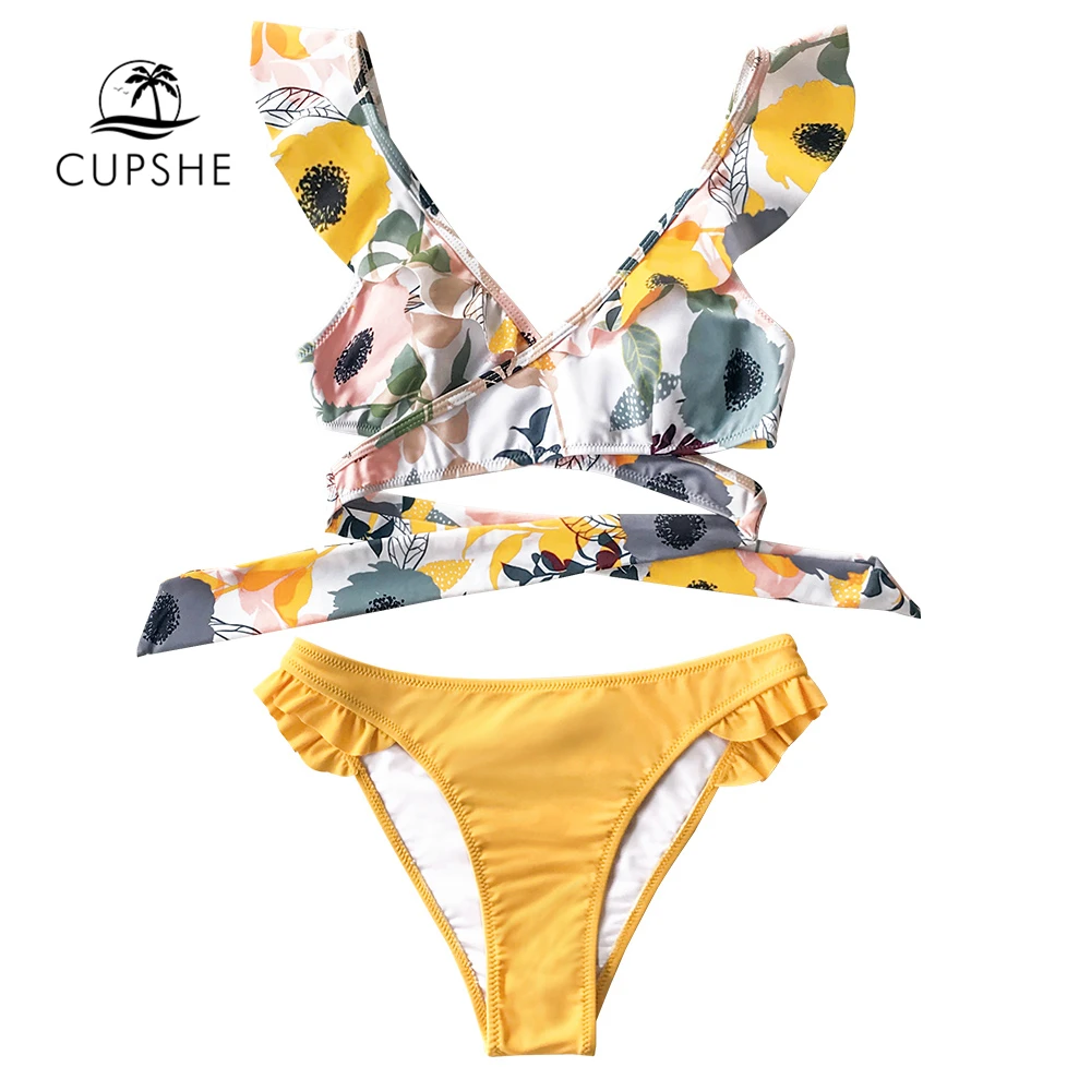 Женский купальник бикини CUPSHE с оборками цветочным принтом v образным вырезом на