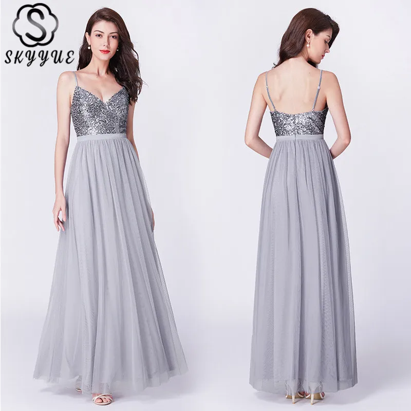 

Skyyue Evening Dresses V-neck Spaghetti Strap Formal Robe De Soiree Elegant Shining Sequins Sliver Long Party Gowns C406