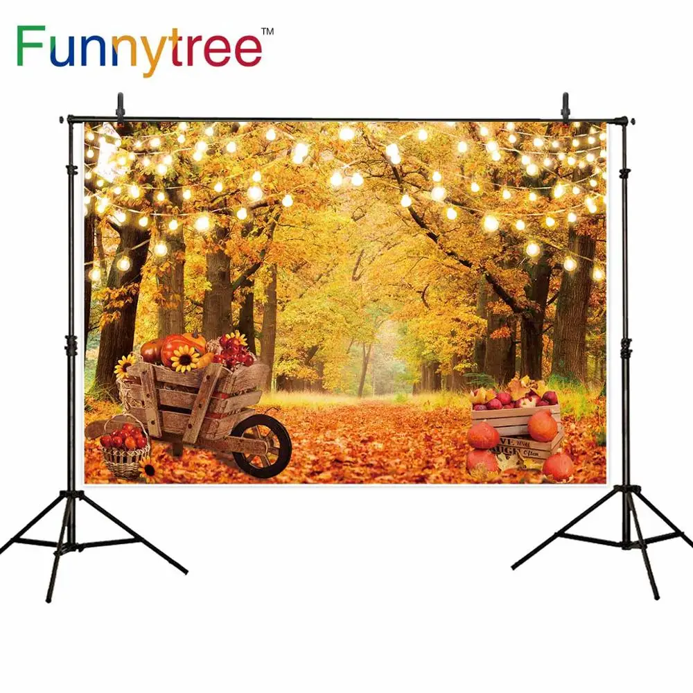 

Funnytree Fall Autumn Photography Backdrop Maple Leaf Tree Light Path Wonderful Scenery Wood Truck Background for Photo Studio