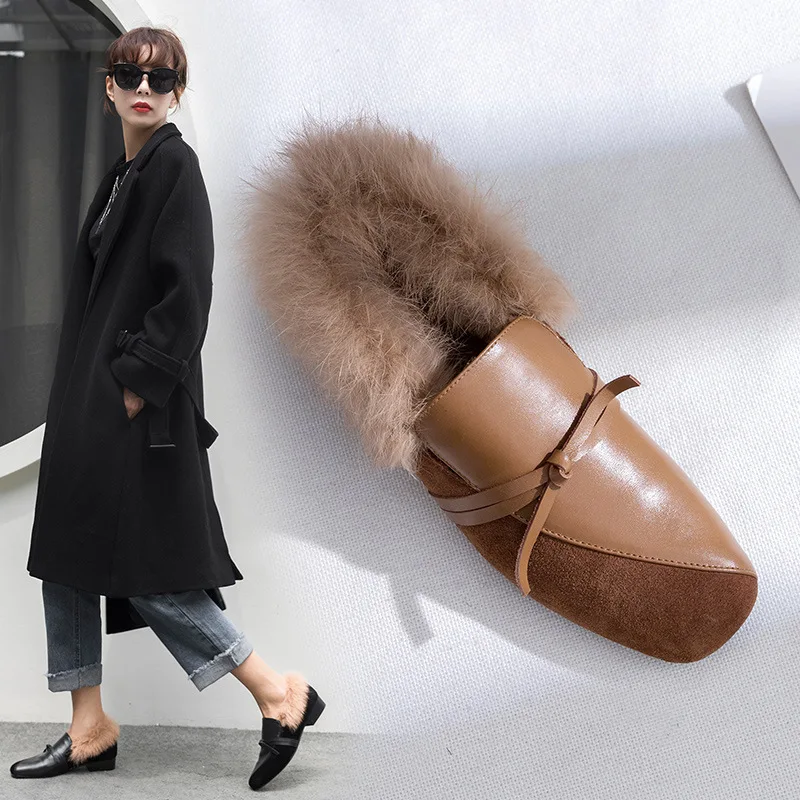 

Korean-style Casual Low Heel Autumn And Winter WOMEN'S Shoes 2018 New Style Fluffy Shoes Women's Genuine Leather Square Head Ban
