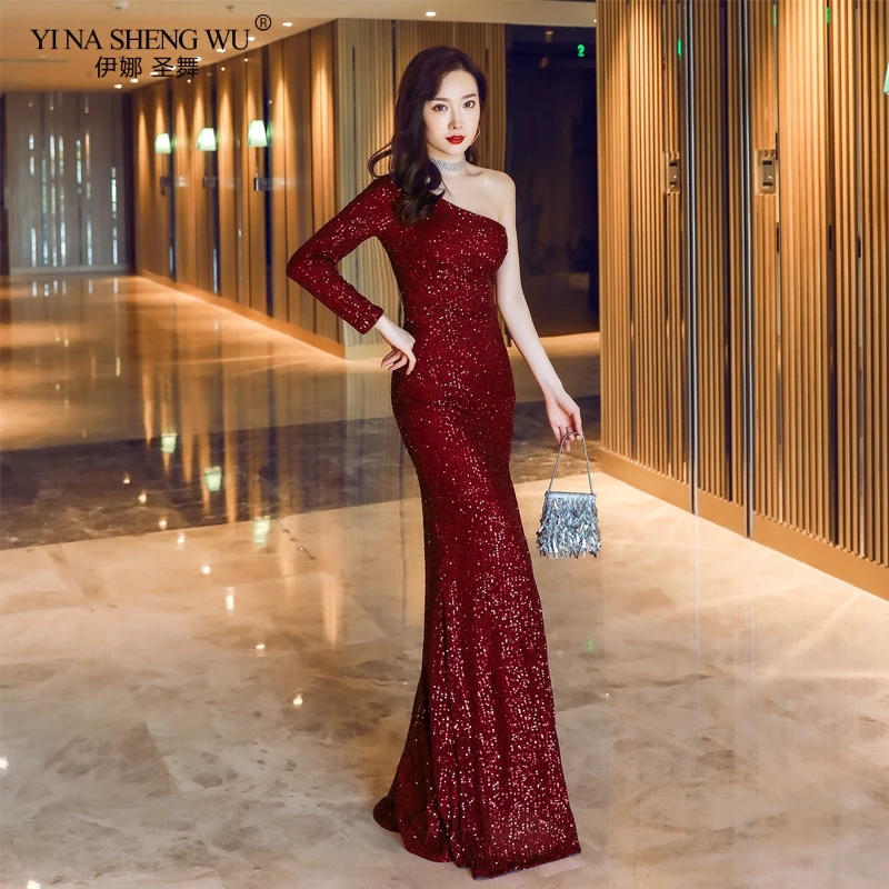 

Evening long Dress One Shoulder Elegant Robe De Soiree Sleeve Rear Zipper Women Party Dresses Sequin Formal Evening Gowns New