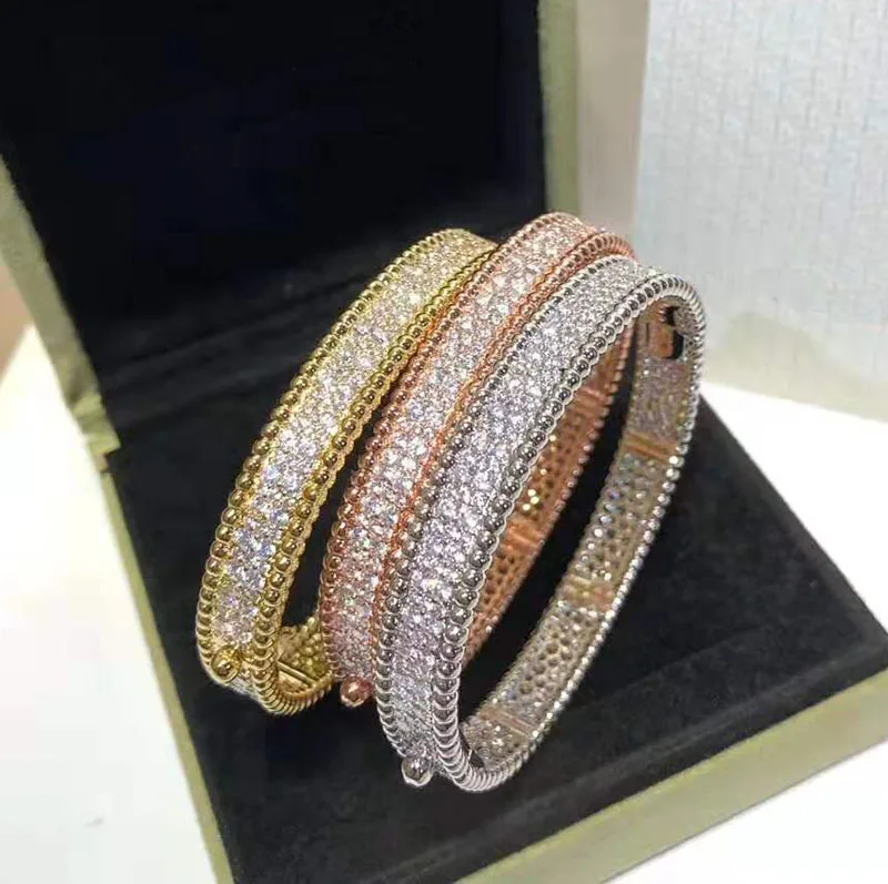 

Brand Pure 925 Silver Jewelry For Women Gold Color Full Stone Bangle Rose Gold Clover Bangle Wedding Jewelry Around Beads Bangle