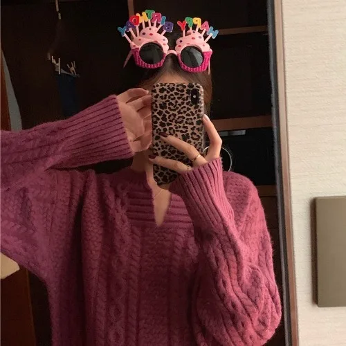 Neploe Женский пуловер, свитер с длинным рукавом и v-образным вырезом, корейский стиль, большие размеры, коллекция, Осень-зима, вязаный Топ, джемпер 56168 - Цвет: purple