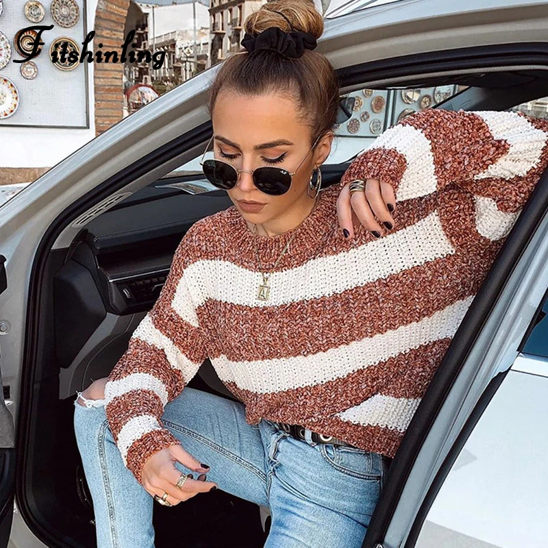 

Fitshinling Winter Striped Pullovers Sweaters For Women 2019 Boho Long Sleeve Slim Jumper Knitwear Brown Basic Pull Femme Sale