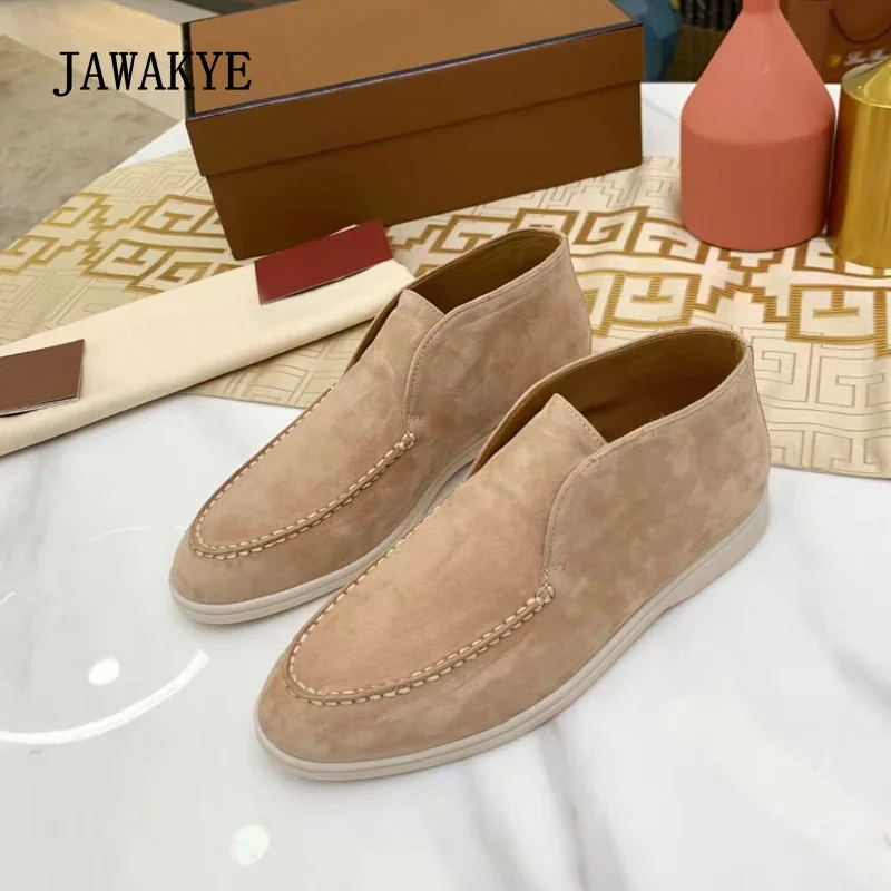 Comfort Suede Unisex High Top Loafers Round Toe White Rubber Sole Casual Flats Fashion One Pedal Couple Flat Mules Dress Shoes