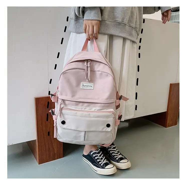 Stitching Contrast Women's Backpack Fashion Harajuku Cute Student Canvas School Bag Kawaii Girl Casual Travel Backpack Female