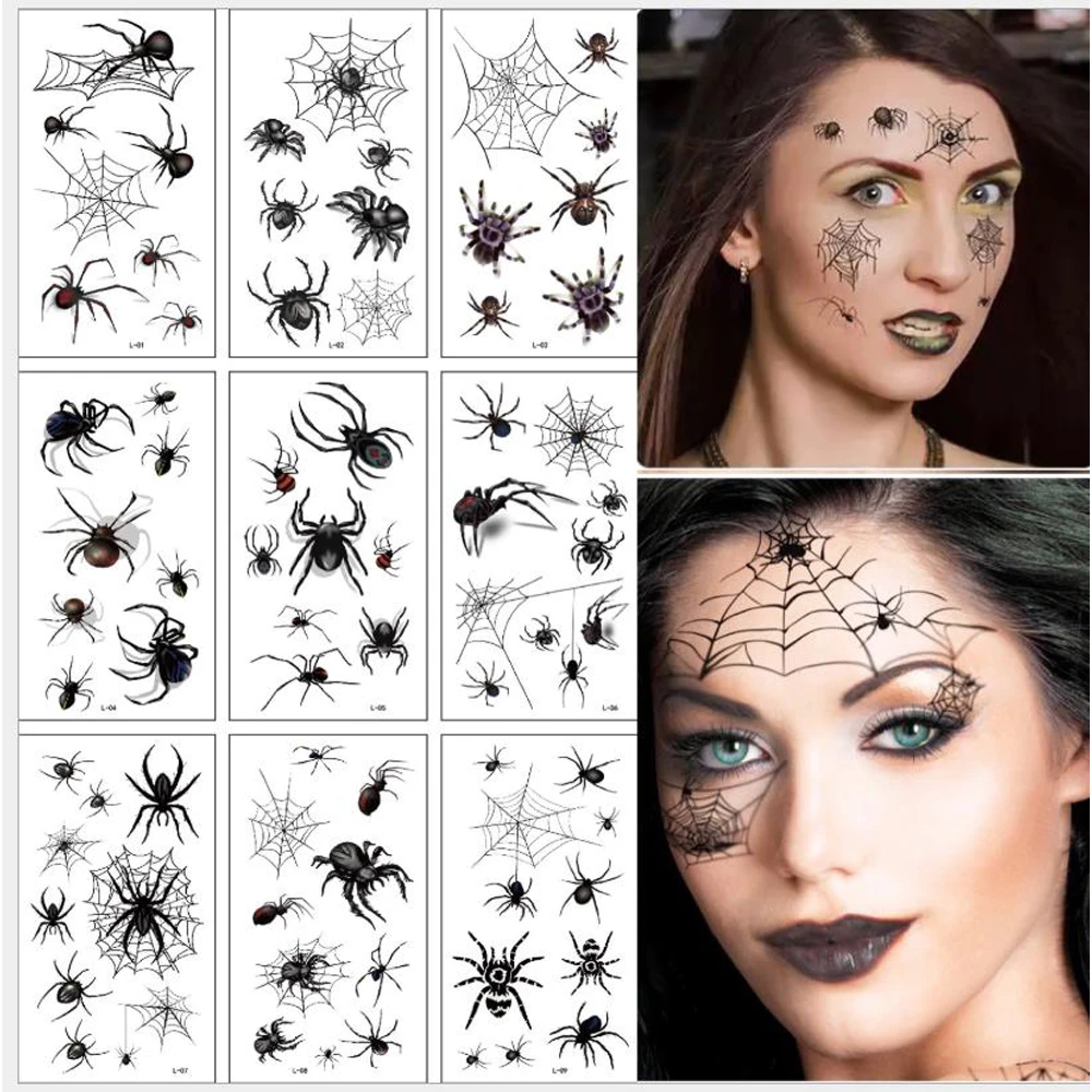 10Sheets/Pack New Halloween Holiday Face Makeup and Terror Spider and Scar Mask Design Fake Temporary Waterproof Tattoo Sticker temporary tattoo sticker halloween decor fake scary bloody wound stitched scar waterproof sticker for halloween party supplies