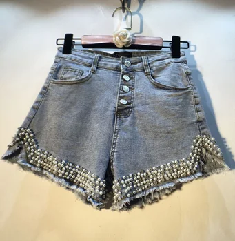 

2020 Spring Summer New Jeans Shorts Wear Industrial Beads Diamond Single Breasted Denim Shorts Women Hot Pants Sexy Short Shorts