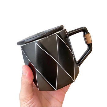 

Rhombus Simple Style Ceramic Cup Embossed Gold Water Cup Creative Mug Cafe Party Drinkware Large Capacity 400ML