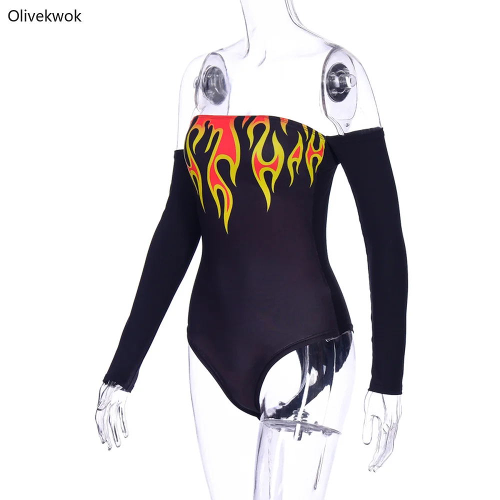 Olivekwok осень зима женское сексуальное боди с вырезом лодочкой и длинным рукавом с открытыми плечами с принтом пламени уличная одежда бодикон боди P9A1419K