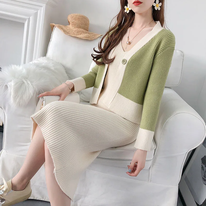 

2019 Autumn & Winter New Style Sweater Dress Women's Fashion Set Coat Women's Knitted Cardigan Strapped Dress Two-Piece Set