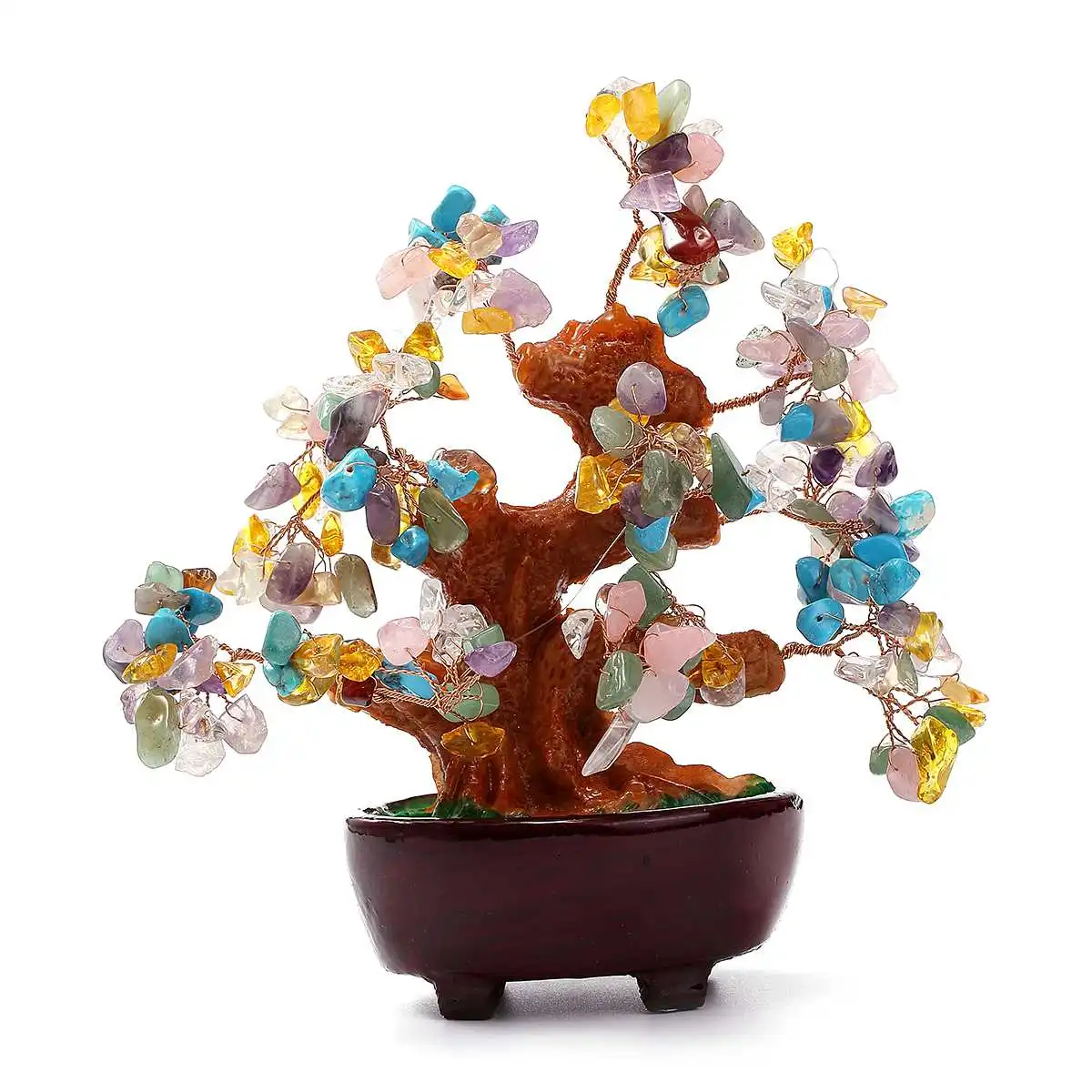 17cm Artificial Crystal Quartz Money Tree Feng Shui Aventurine Colorful Stone Trees for Wealth Mascot Home Room Ornament Gift