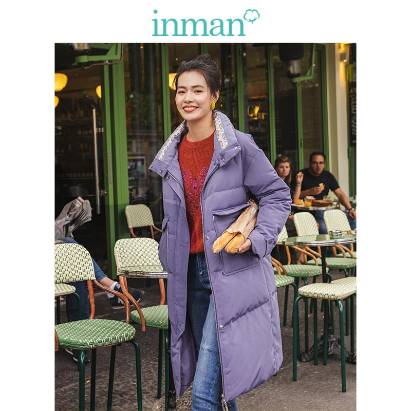 Koop Inman Winter Stand Up Kraag Multipurpose Pocket Solid Warm Vrouwen Lange Down Jas