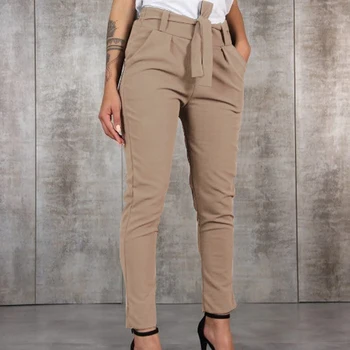 

Fashion Solid Color Pockets Regular Skinny Wild Belt High Waist Slim Fit Pencil Pants Women Casual Pants