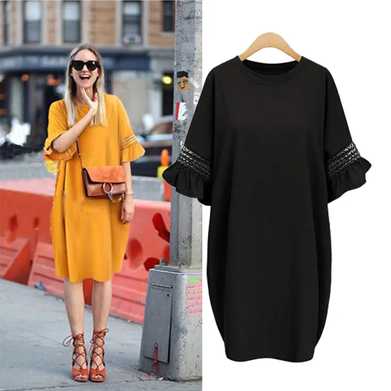 

Europe And America Large Size Dress Loose Casual Mid-length Bell Sleeve Solid Color Dress