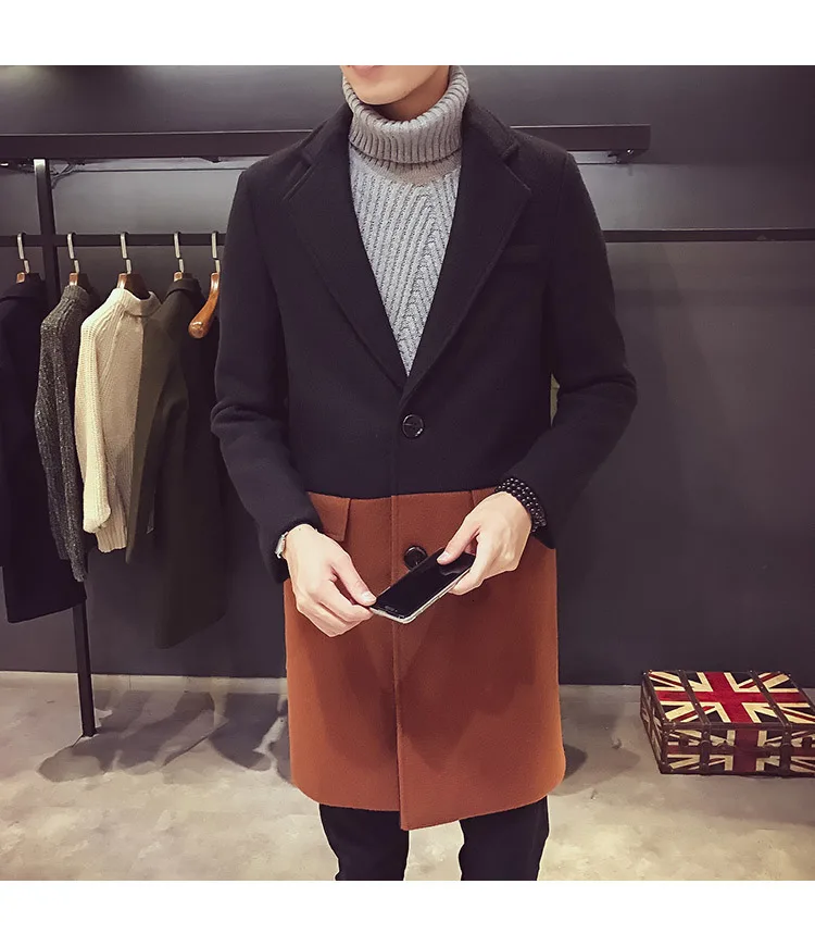 Лоскутное шерстяное пальто средней длины Тренч мужской Chaqueta Invierno Hombre контрастный Тренч Desinger верхняя одежда Вечерние Клубные