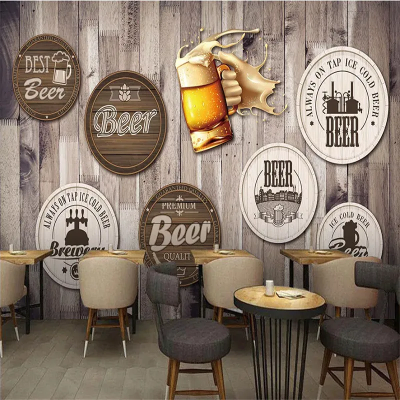 European and American Style Retro Wood Board Background Beer Mural Wallpaper Restaurant Bar KTV Industrial Decor Wall Paper 3D