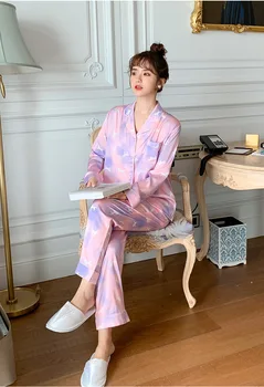 

2020 Pijamas Women Summer Unicorn Print Sleepwear Women Silk Pyjamas Women Long Sleeve Home Clothes Loungewear Night Suit Ladies