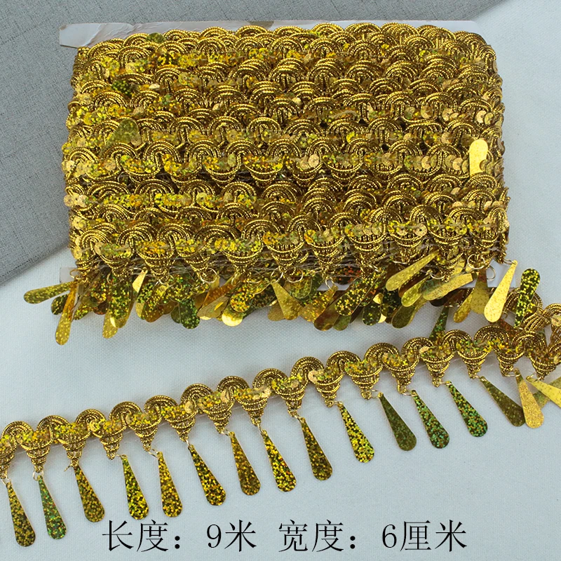 9Mete/Lot Gold Silver Water Drops DIY Lace Trim Tassel Fringe Stage Clothing Curtain Wedding COS National Costume Accessories