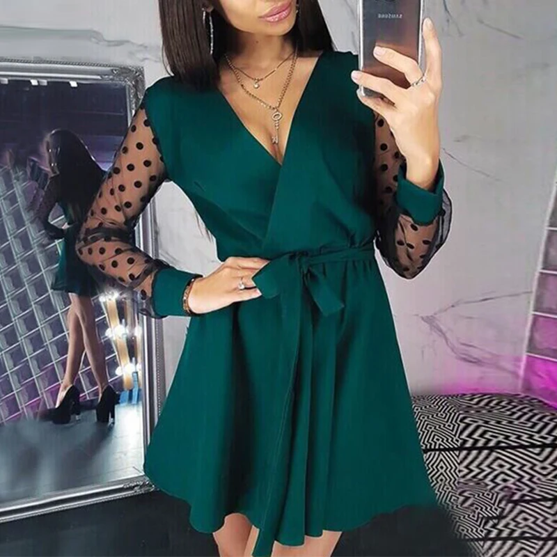 

Sexy V-Neck Lace Dress Women Retro Dot Printed Mesh Mini Dress Slim Lace Up Dresses Female Fashion A-Line Party Dresses Vestidos