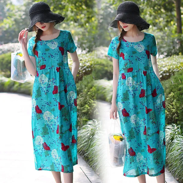 

2019 Summer New Style Ethnic-Style Cotton Linen Printed Waist Hugging Short Sleeve Big Hemline Crew Neck Dress Women's