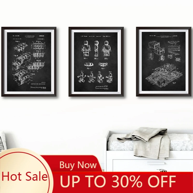 Poster Decorazioni Tela Pittura Lego Blocchi Stampa Brevettata Giocattolo Wall Art Poster Bambini Vintage Blueprint Picture Room Decor