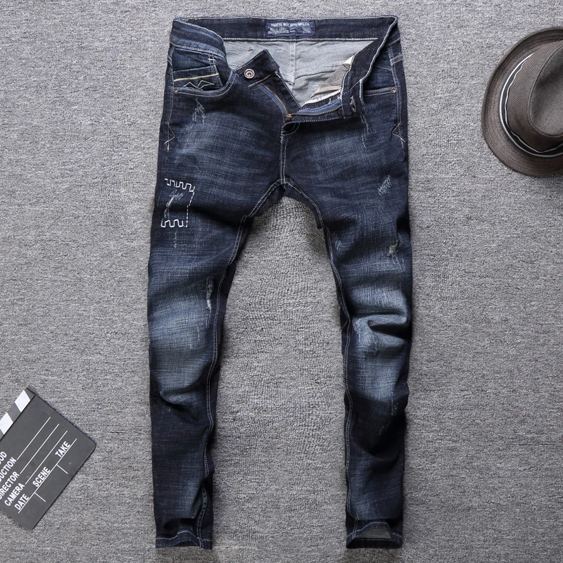 Black Blue Модная уличная одежда, мужские джинсы, черные, синие, итальянские классические джинсы, мужские джинсовые штаны, высокое качество, облегающие, винтажные, дизайнерские джинсы - Цвет: Black Blue