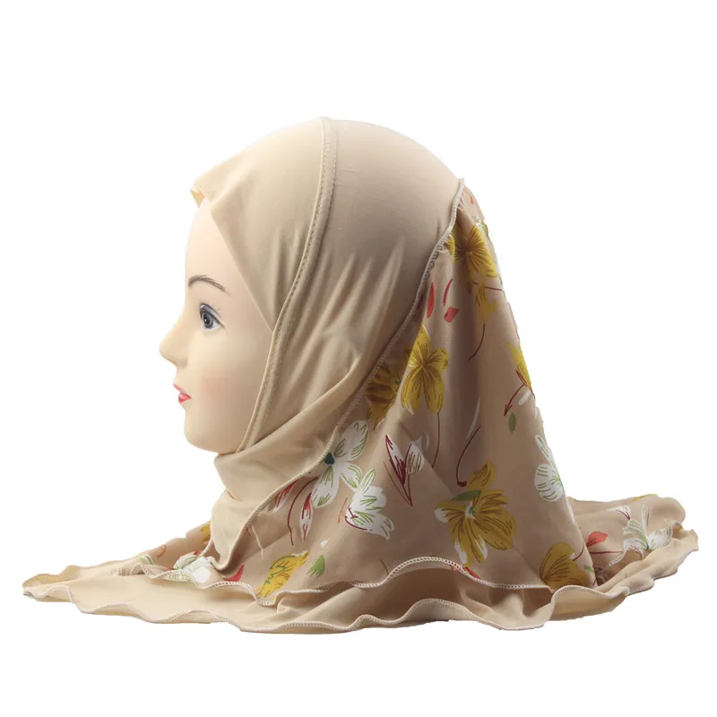 Мусульманский хиджаб, исламский шарф в арабском стиле для девочек, двухслойные шали с цветочным принтом, два размера, для девочек 2-12 лет