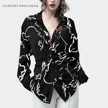 

Fashion Women' Chiffon Shirt Irregular Striped Printed Long Sleeve V-Neck Loose Plus Size Ladies New Spring Summer Tops Blouses