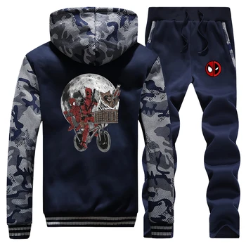 

Marvel print Men Hooded hoodies sweatpants suit Winter Super hero Spiderman and Deadpool Pattern Thick Jacket+Pants 2Pieces Sets