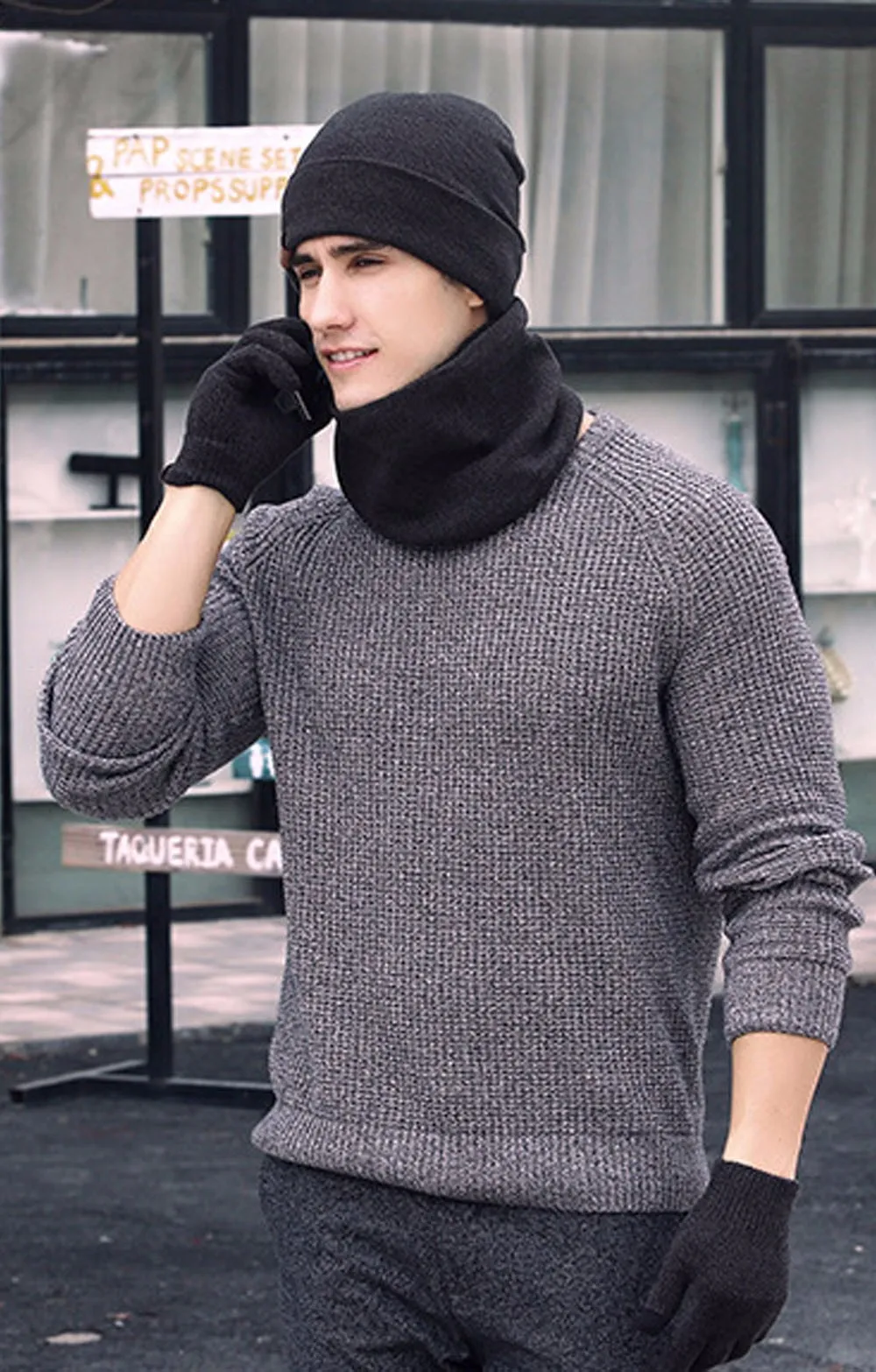 Осенняя и зимняя мужская новая однотонная теплая шерстяная шапка шарф перчатки набор воротник уход за кожей Шеи Лицо утолщение холодный теплый шарф# Zer