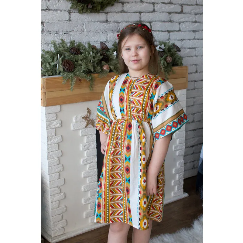 Autumn Mom and Daughter Dress Half Sleeve V-neck Vintage Print Long Dress Mommy and me clothes Matching Outfits E0264