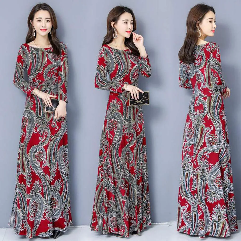 Vestido largo de dibujo bohemio para mujer, Vestido largo de manga larga con cuello redondo, Swing grande, Japón, Corea del Sur, talla grande, Otoño e Invierno