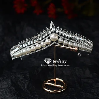

CC Wedding Crown Tiaras and Crowns Hairband Engagement Hair Accessories for Bride Girls Bridesmaids Pearl Fine Headdress HG1165