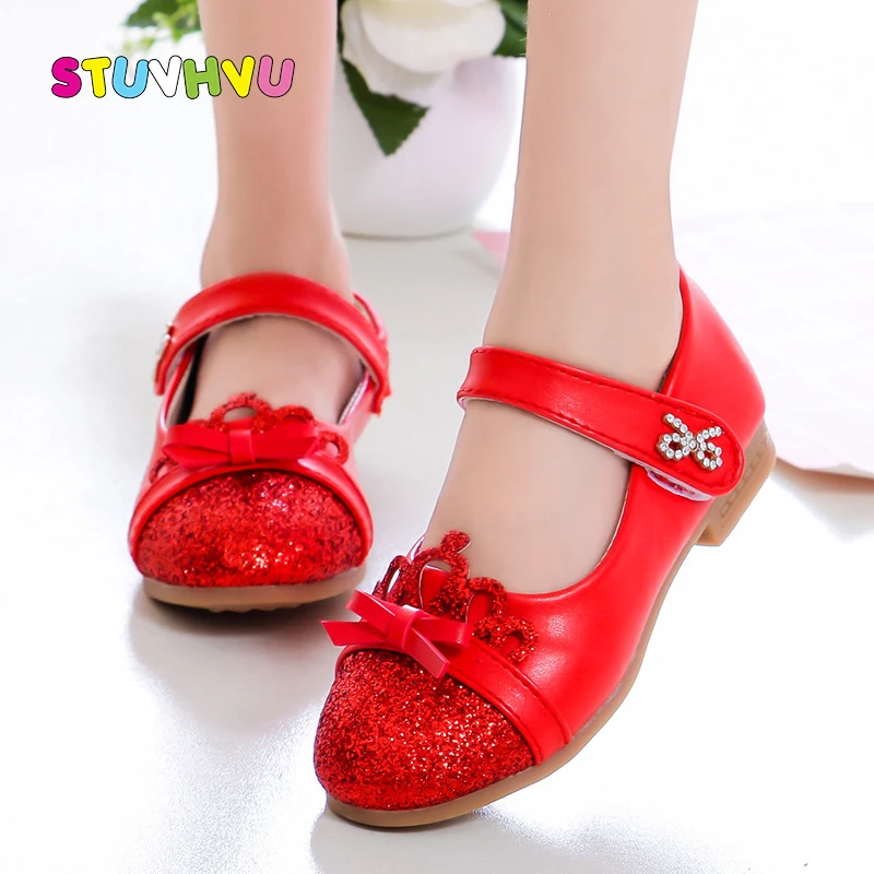 

Children Shoes Girls Black Patent Leather School Shoes 2019 Spring and Autumn Fashion Sequin Bow Girls Princess Shoes Red Pink