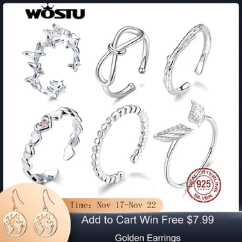 

WOSTU Real 925 Sterling Silver Round Ring For Fashion Women Cute Fine Jewelry Finger Ring Adjustable Opening Silver Rings