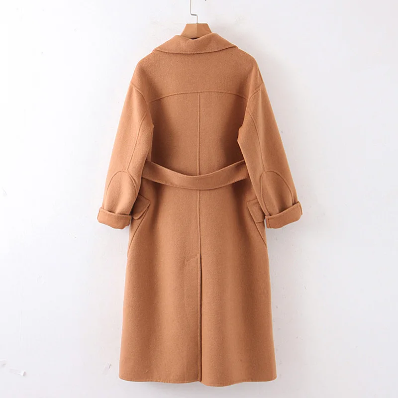 AGong, одноцветное шерстяное пальто с поясом на талии, женские модные тонкие двухсторонние куртки, женские элегантные пальто с карманами, женские JY