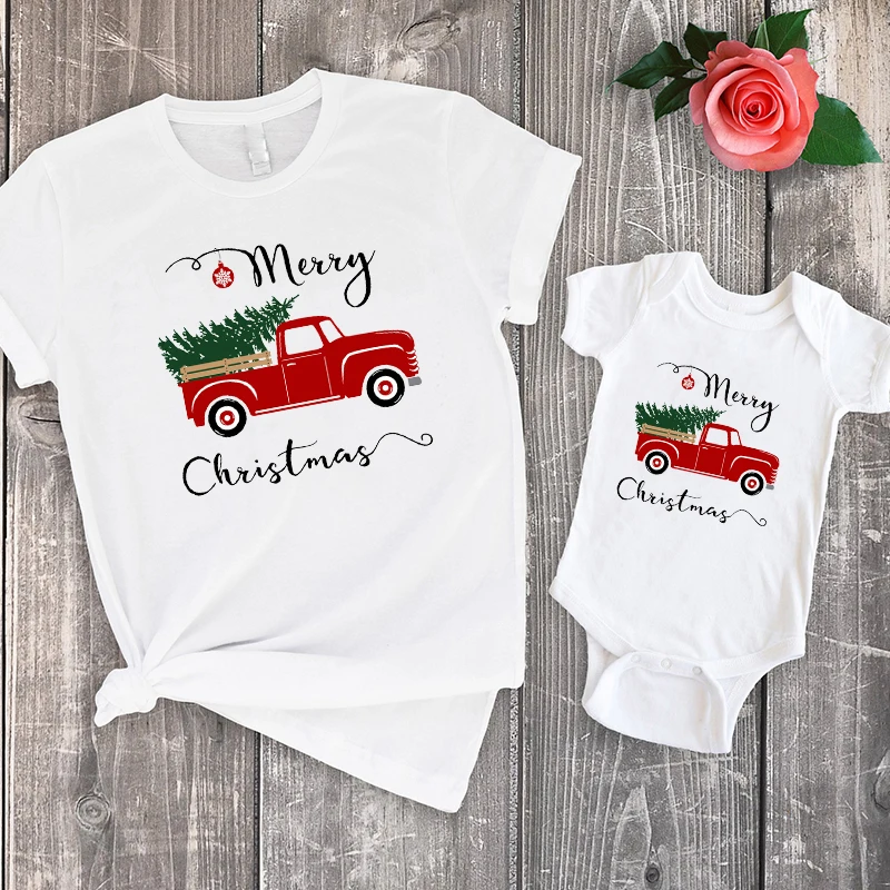 

Christmas Truck Tree Mommy and Me Clothes Baby Girl Mommy and Daughter Matching Merry Christmas Shirt Red Vintage Family Sets
