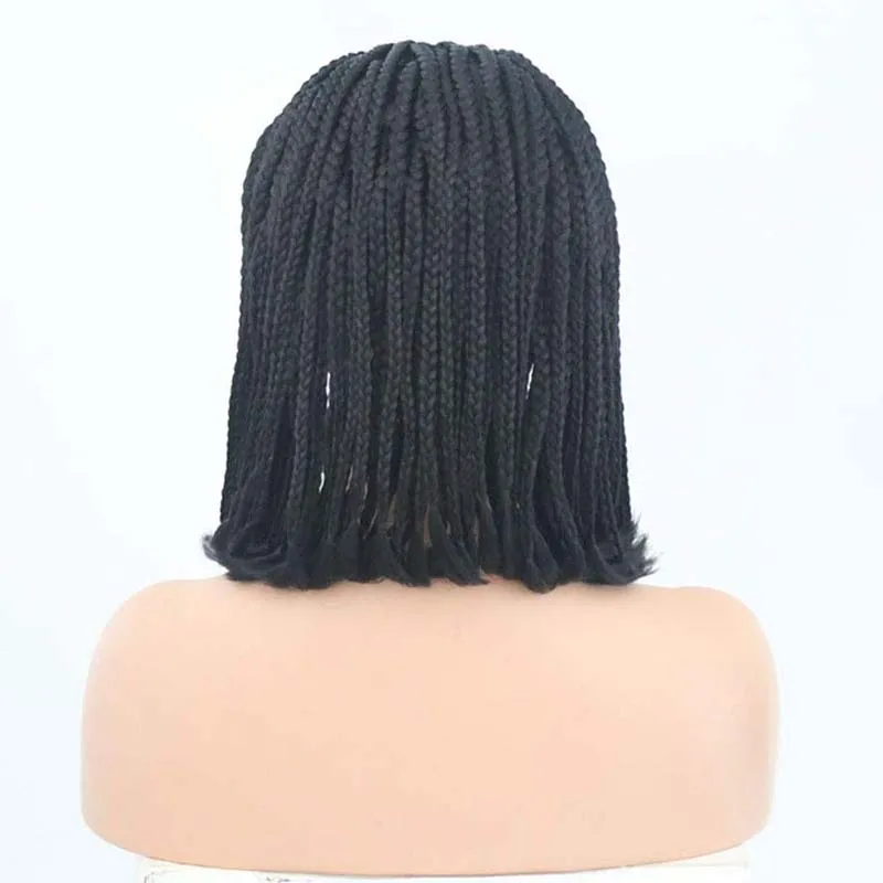 AIMEYA Black Short Box Braids Wigs for Women Middle Part Half Hand Tied Braided Bob Wig Glueless Heat Reistant Fiber Hair Wig