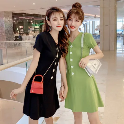 

Online Celebrity Single Breasted V-neck Short-sleeve Dress Summer Wear for Women New Style 2019 Korean-style Solid Color Avocado