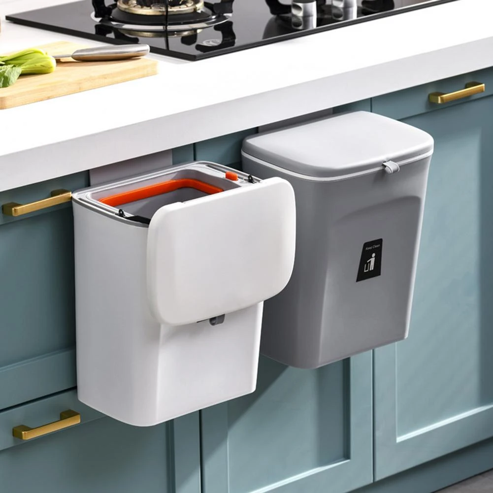 Hanging Trash Can for Kitchen Cabinet Door with Lid Small Under Sink Garbage Bin Wall Mounted Counter Waste Compost Bins